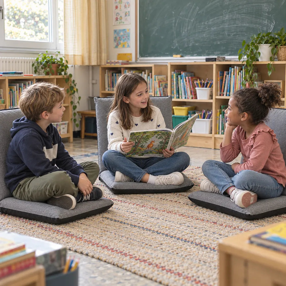 Trois enfants assis sur des chaises de sol grises, partageant un livre dans une salle de classe.