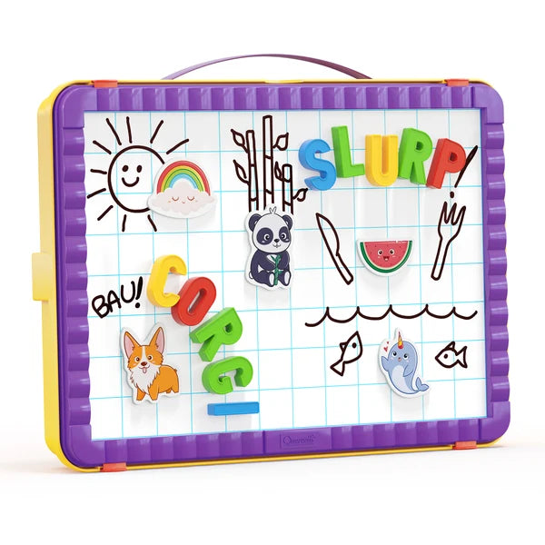 Valise tableau magnétique fermée avec lettres colorées, magnets illustrés et dessins