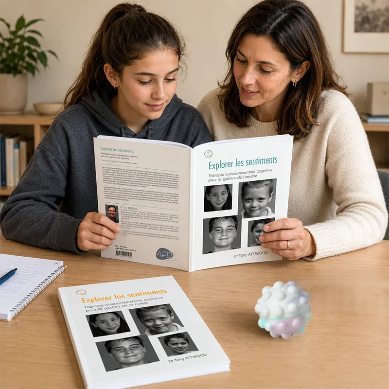 Pack Explorer ses émotions : une adolescente et une adulte découvrent les livres Tony Attwood avec une balle anti-stress Push Poppers