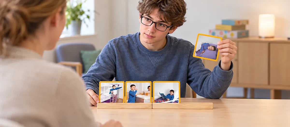 Adolescent avec lunettes utilisant le jeu Maxi séquences d’habitudes quotidiennes avec une praticienne.