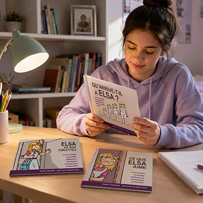 Adolescente lisant un livre du pack Elsa sur la puberté, la sexualité et l’intimité