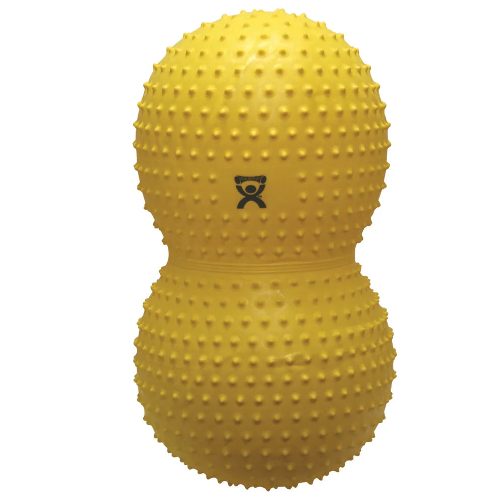 Ballon sensoriel jaune à picots en forme de cacahuète.