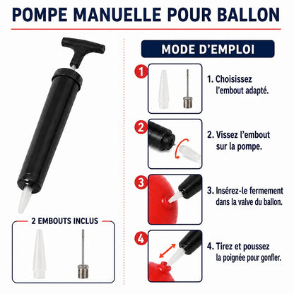 Mode d’emploi de la pompe manuelle pour ballon avec ses deux embouts inclus.