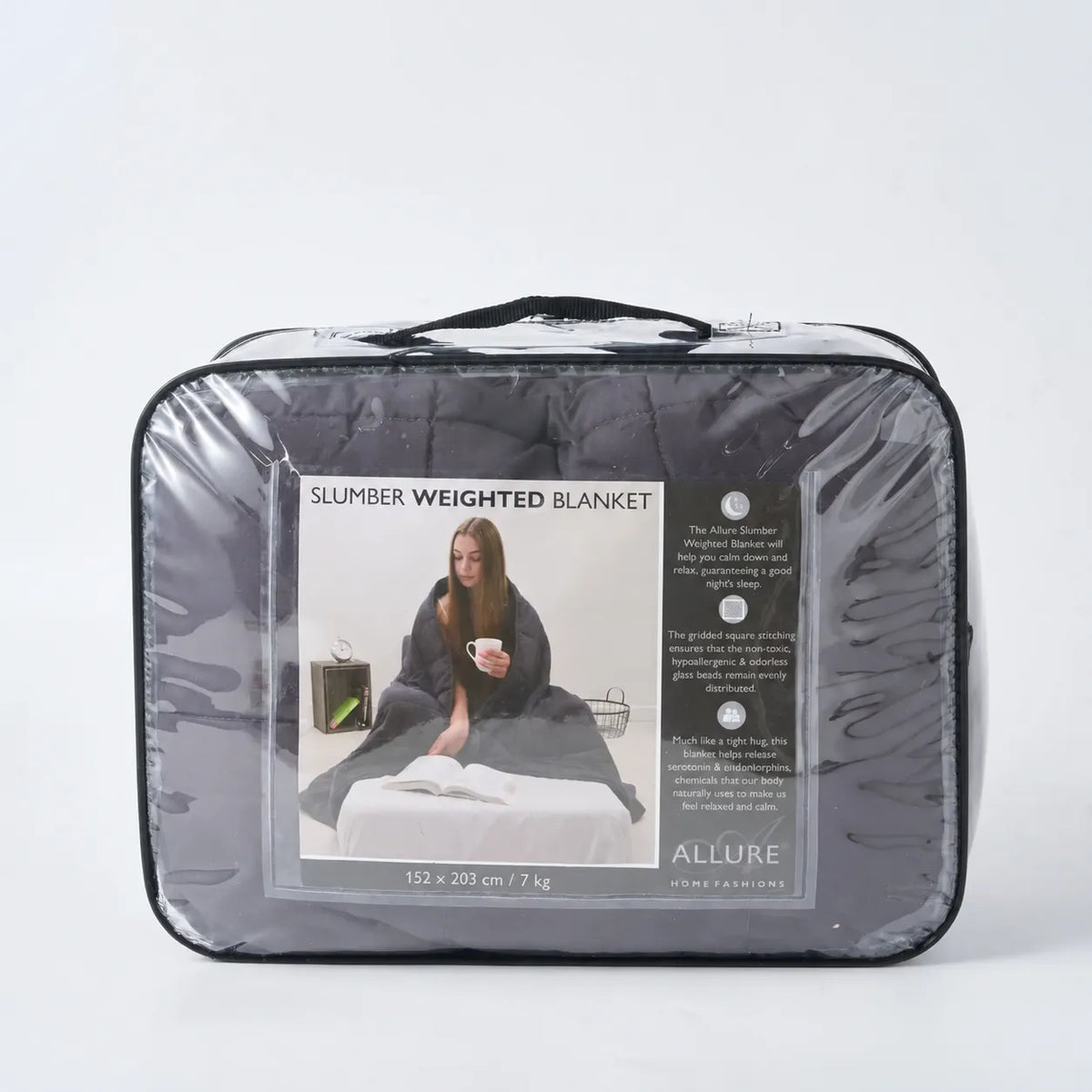 Couverture lestée Slumber gris anthracite de 7 kg, 152 × 203 cm, dans son sac de transport.