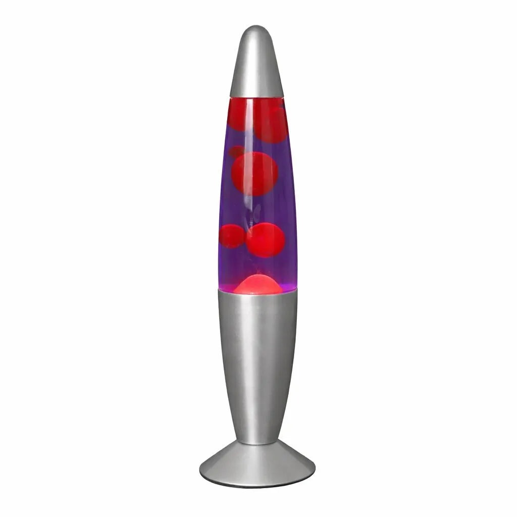 Lampe à lave rouge et violette avec base argentée – hauteur 34 cm