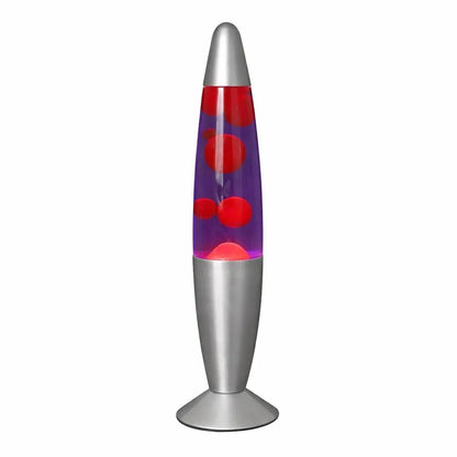 Lampe à lave rouge et violette avec base argentée – hauteur 34 cm