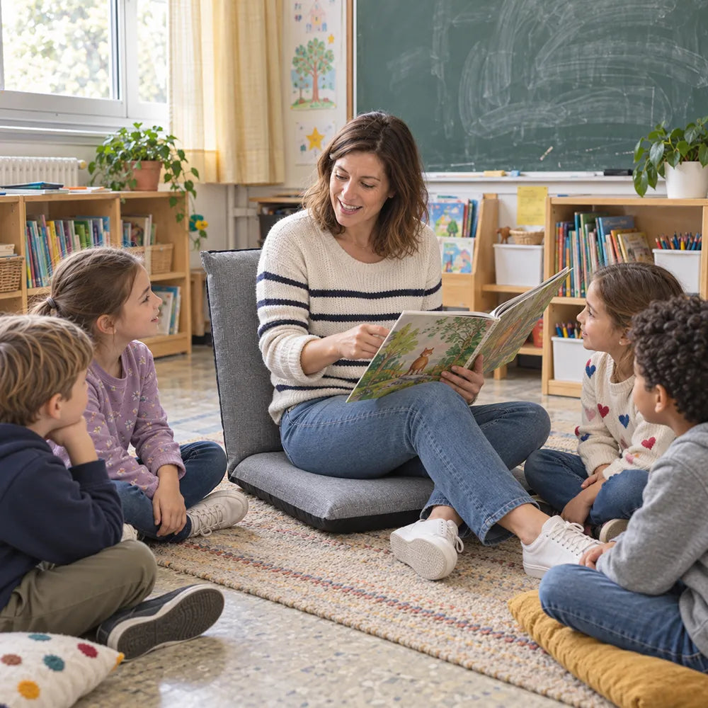 Adulte assise sur une chaise de sol grise lisant une histoire à des enfants en classe.
