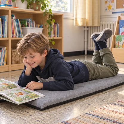 Enfant allongé sur un tapis de sol gris en train de lire dans une salle de classe.
