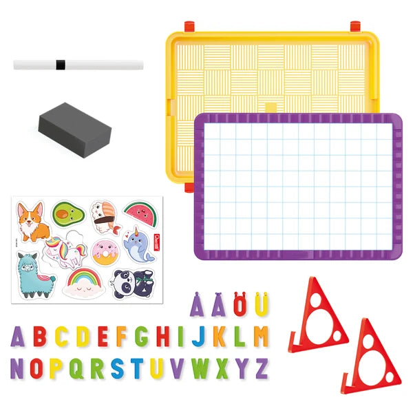 Contenu de la valise : tableau quadrillé, lettres magnétiques, illustrations, feutre, brosse et supports