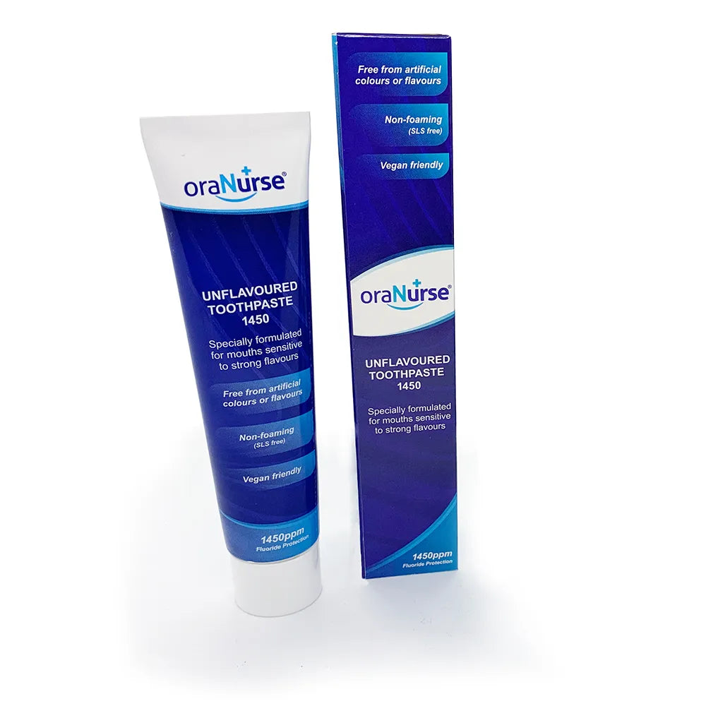 Tube et boîte du dentifrice sans goût OraNurse 1450 ppm au fluor – 50 ml