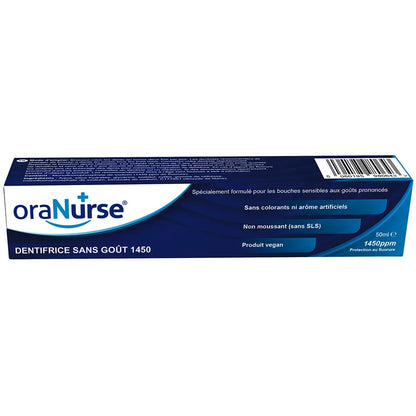 Dentifrice sans goût OraNurse 1450 ppm au fluor – tube de 50 ml avec boîte en français