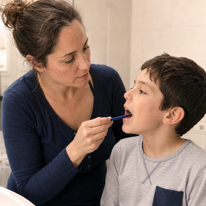 Maman brossant les dents de son enfant avec une brosse à dents à tête fine