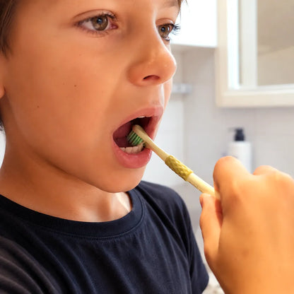 Brossage des dents d’un enfant avec une brosse à dents à trois têtes Oranurse