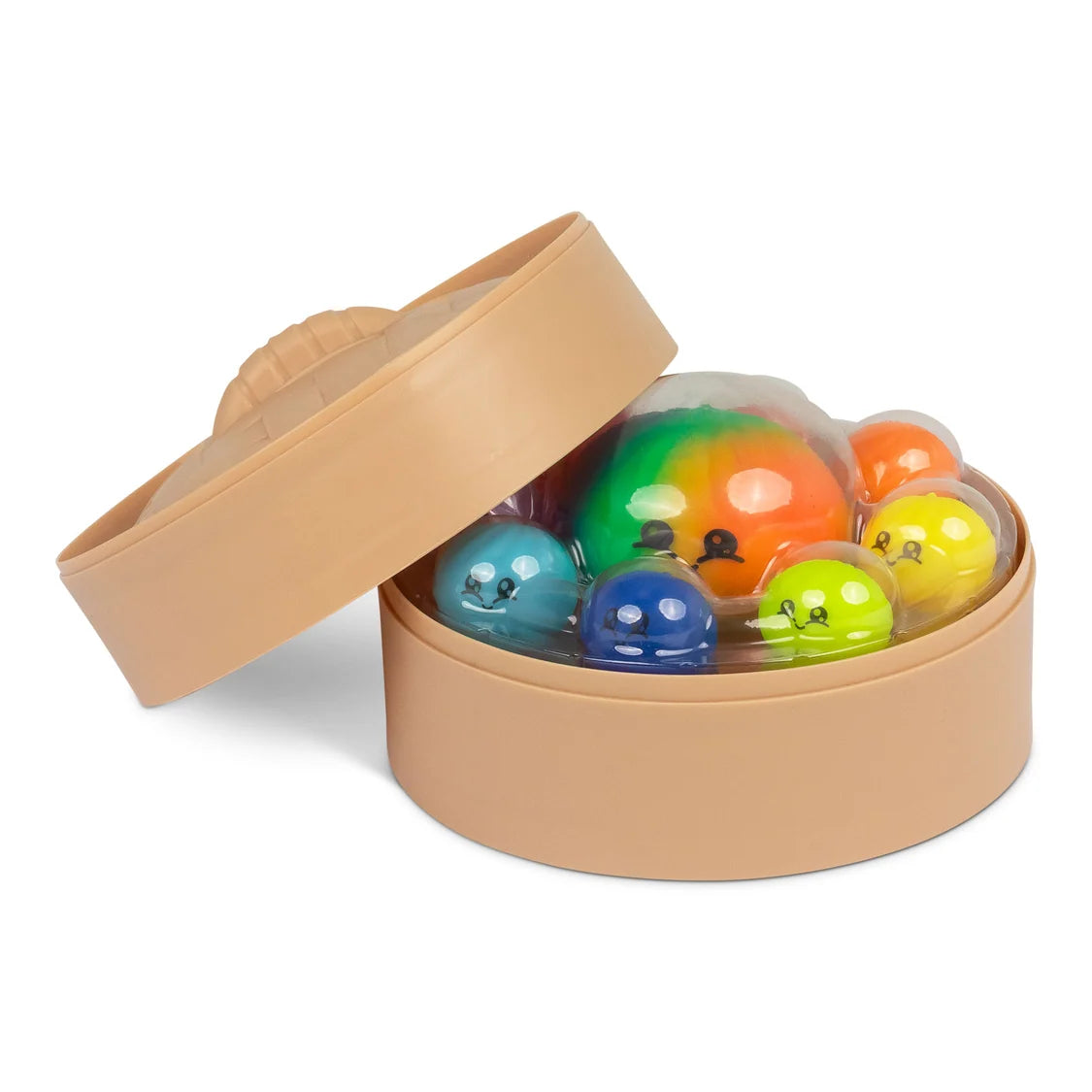 Panier vapeur ouvert avec ses squishies antistress sous une protection transparente