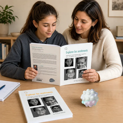Pack Explorer ses émotions : une adolescente et une adulte découvrent les livres Tony Attwood avec une balle anti-stress Push Poppers