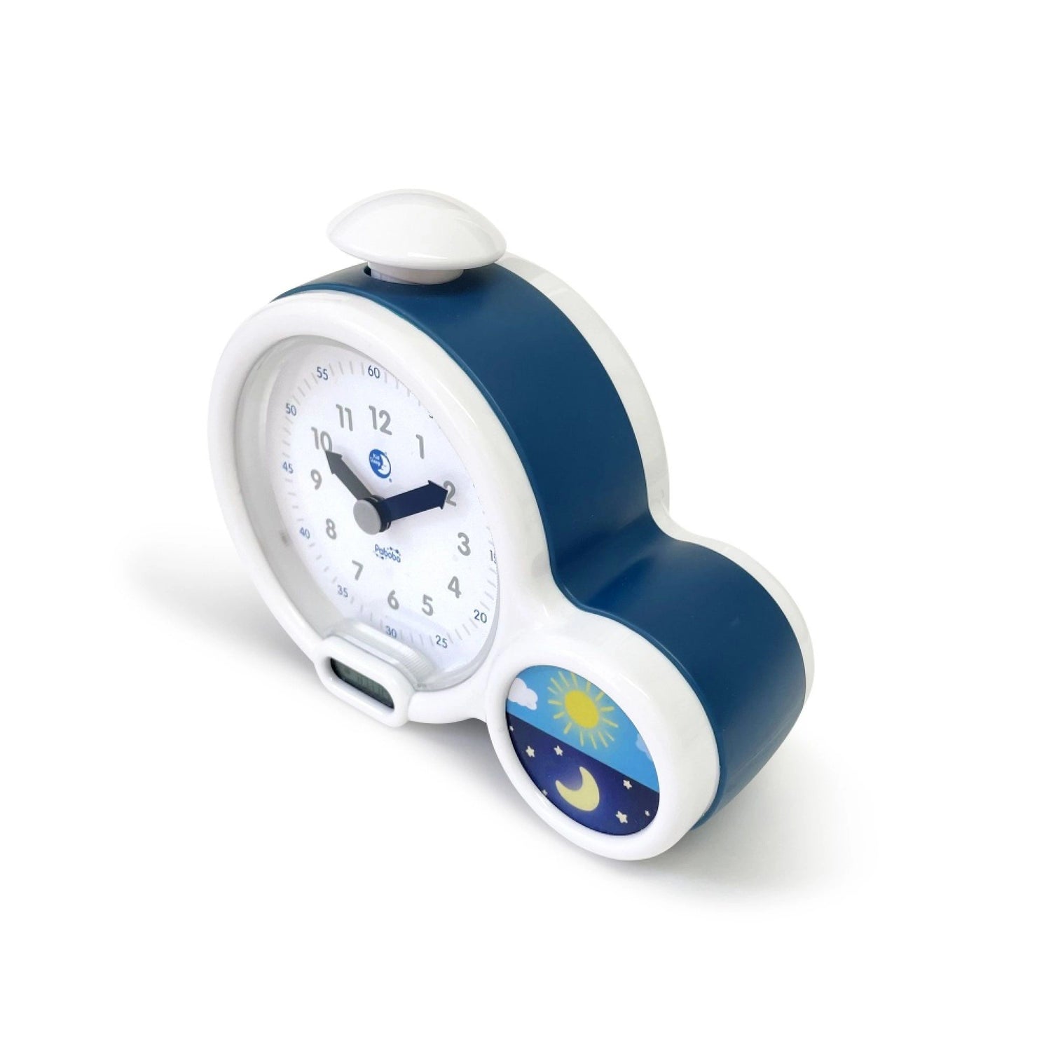 Réveil éducatif Kid’Sleep Clock blanc et bleu vu de trois quarts avec indicateur jour-nuit