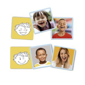 Jeu d'association pour apprendre  identifier 10 expressions faciales distinctes et les associer  quatre personnages rels.