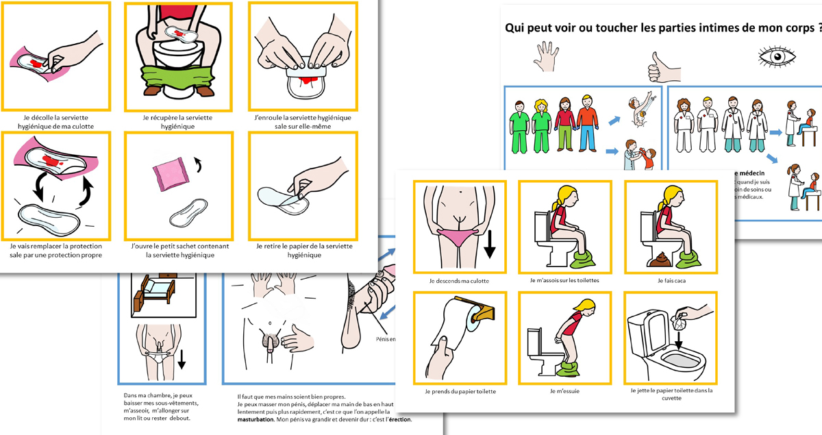  18 scénarii téléchargeables gratuitement, servant de supports pédagogiques aux différents thèmes liés à l'hygiène et la vie intime. Les scénarii ont l'avantage de pouvoir être modifiés ou enrichis au cas par cas et au fil des besoins. Pour procéder à d'éventuelles modifications, il suffit de se rendre sur le site d'ARASAAC : https://arasaac.org/, les 18 scénarii y sont présents en version modifiable (le catalogue des pictogrammes est gratuit). Cette option permet de personnaliser certains aspects si nécessaire.