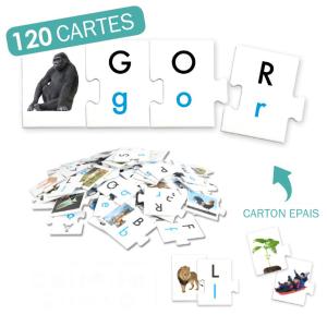 Jeu ducatif de photographies et de lettres dont le but est de construire jusqu' 32 mots. Ce jeu favorise le dveloppement de la pr-lecture et la pr-criture.